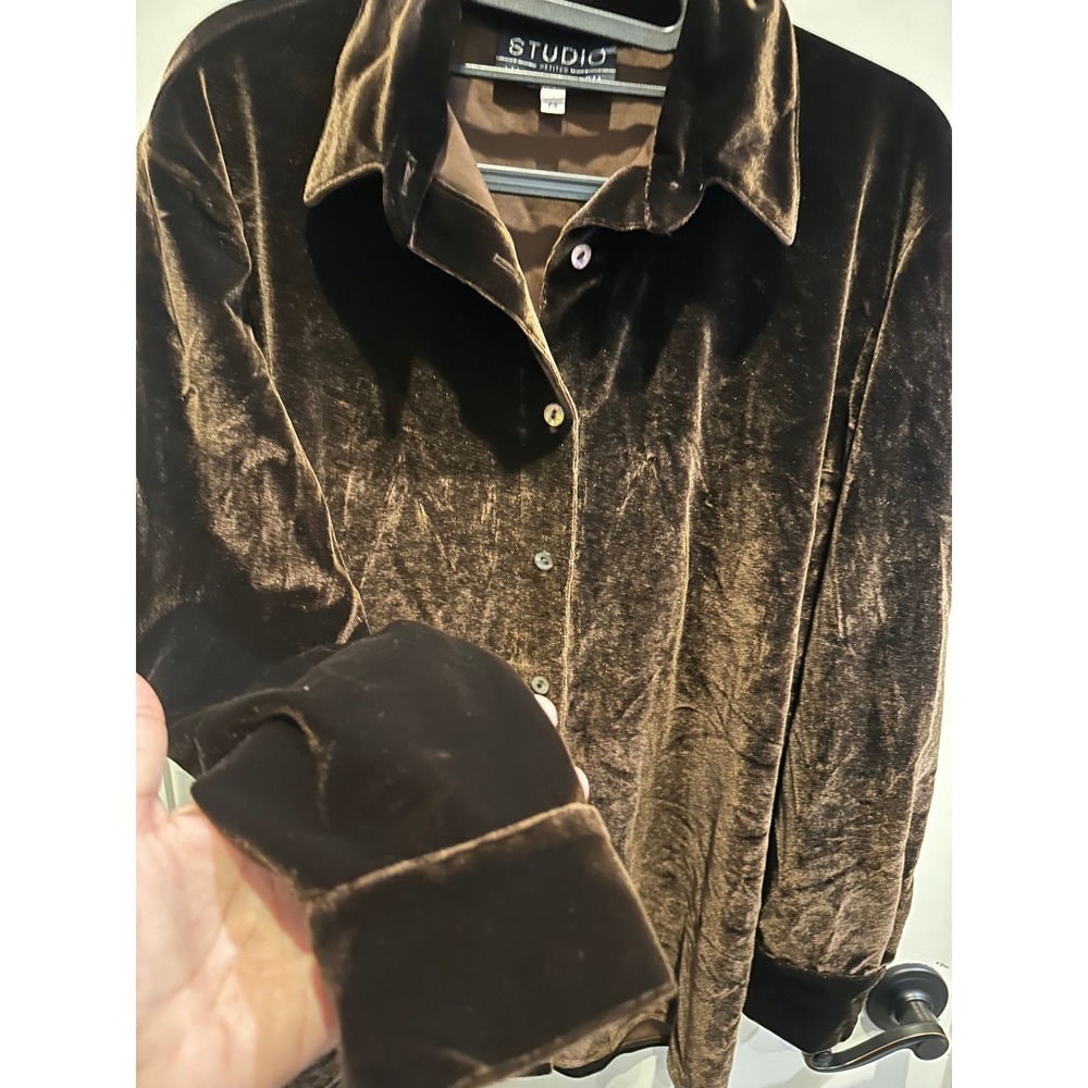 Studio Marisa Christina Brown Velvet Button Down Shirt Petites PS Long Sleeve - Picture 4 of 6